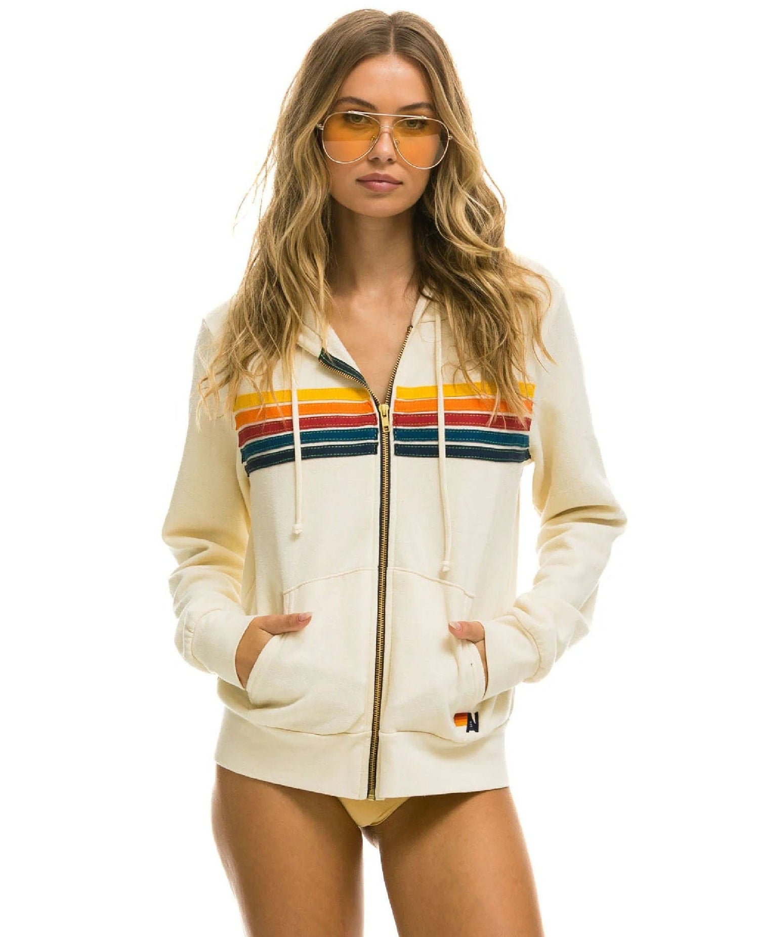 AN 5 Stripe Zip Hooded Vintage White
