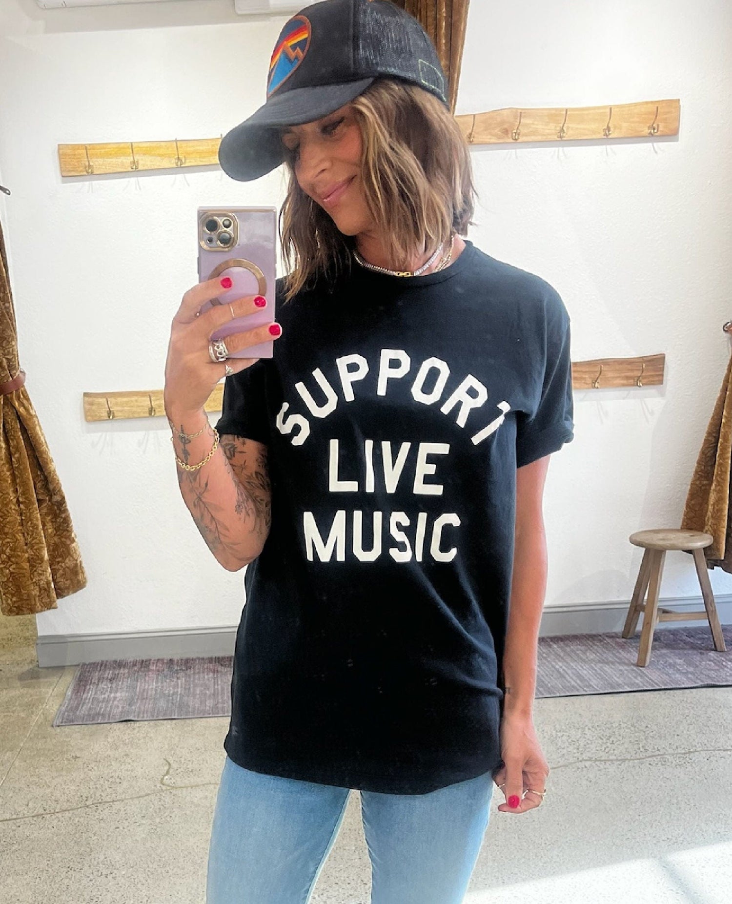 Support Live Music Vintage Black Tee