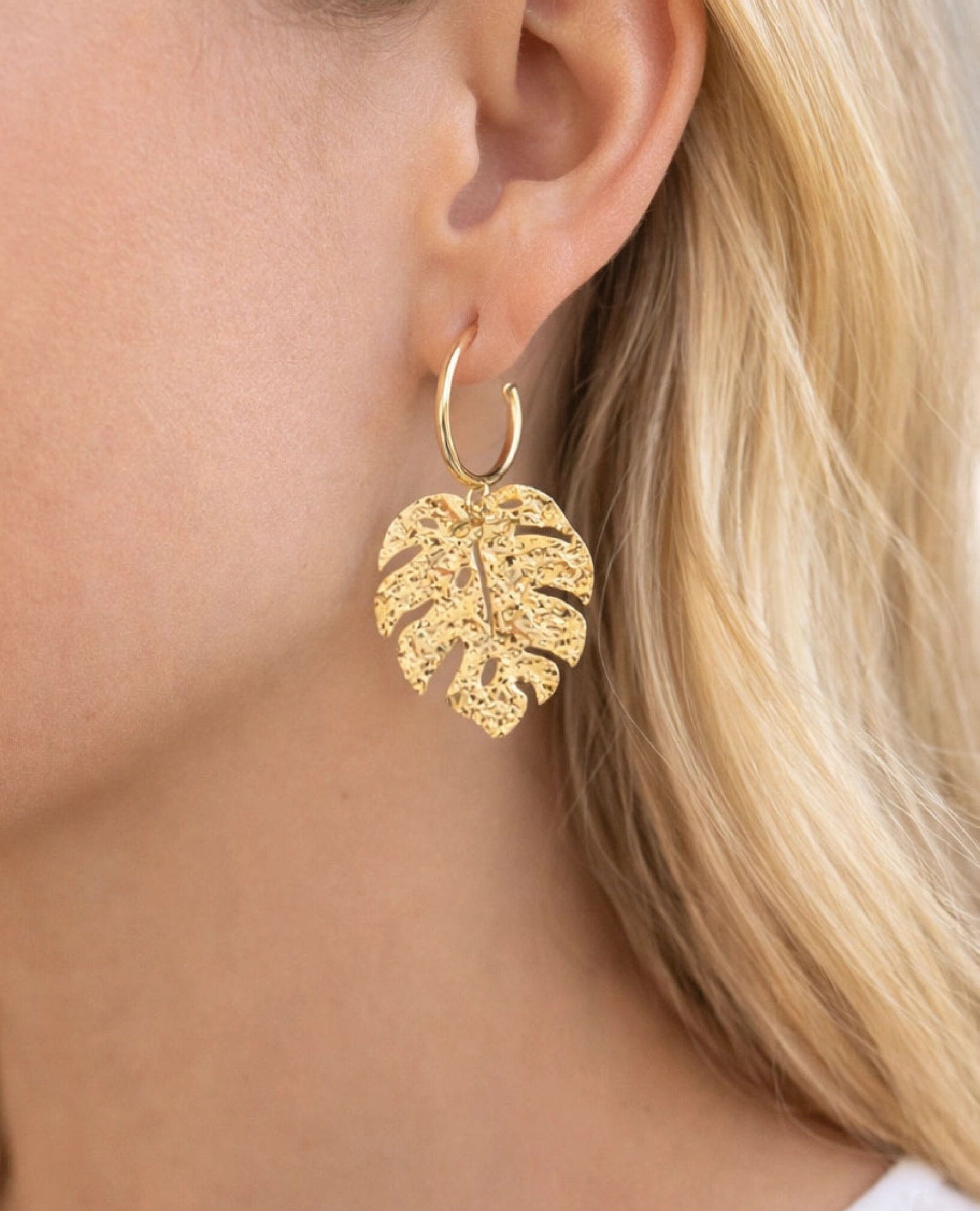 Hammered Monstera Hoop Earrings Gold