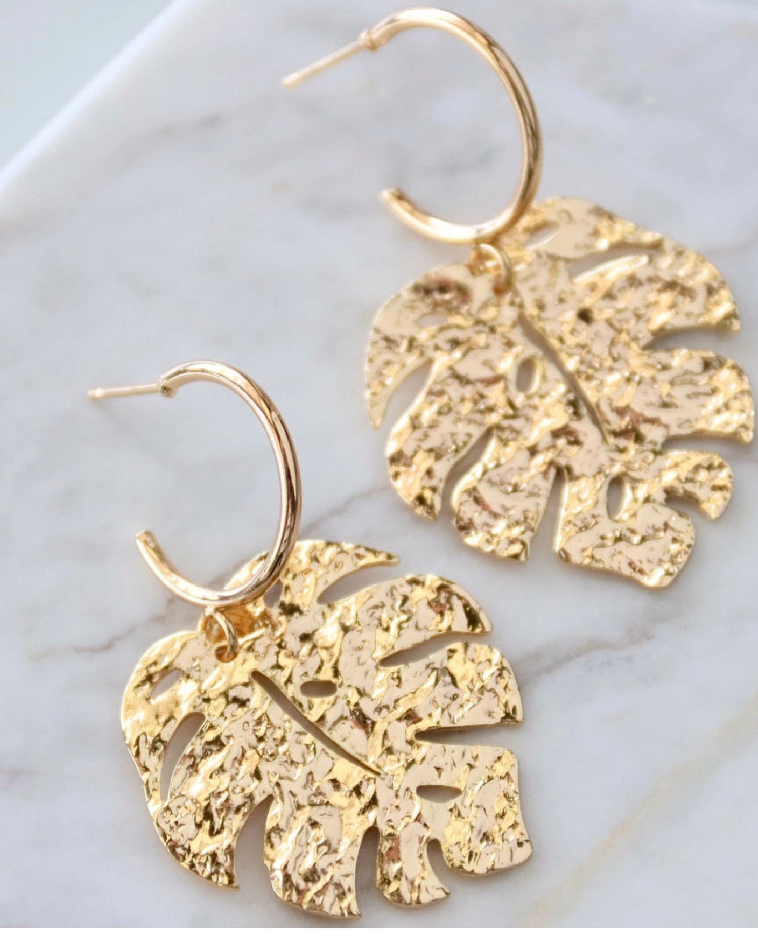 Hammered Monstera Hoop Earrings Gold