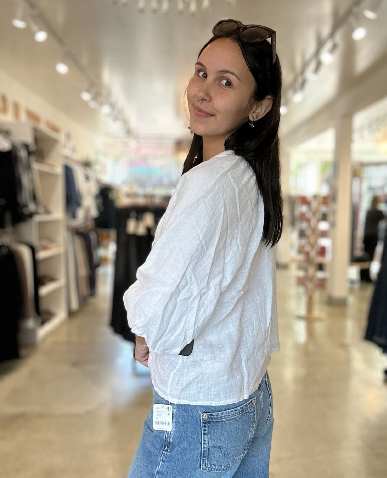 White Linen Balloon Blouse