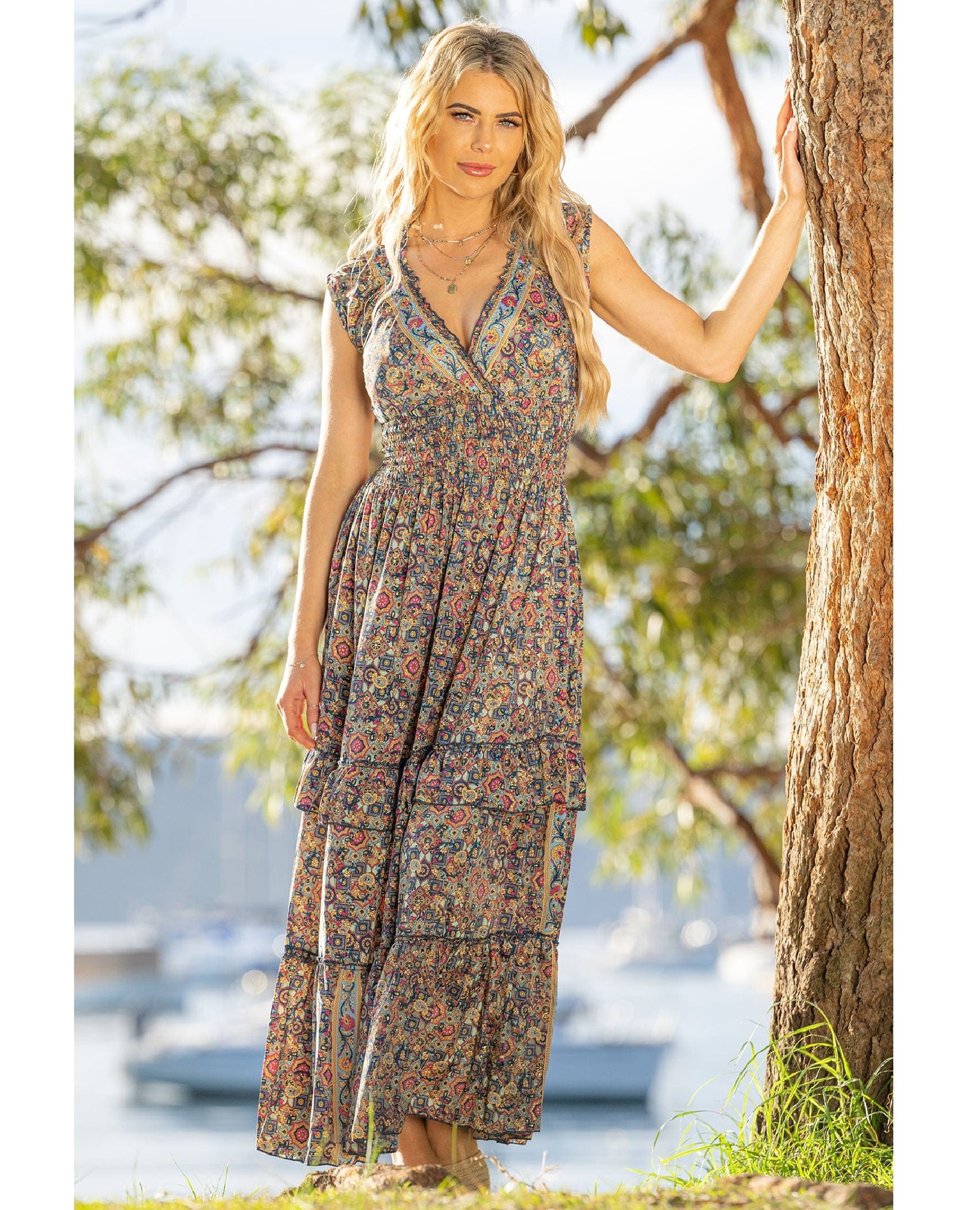 Magnolia Tile Smocked Maxi Dress