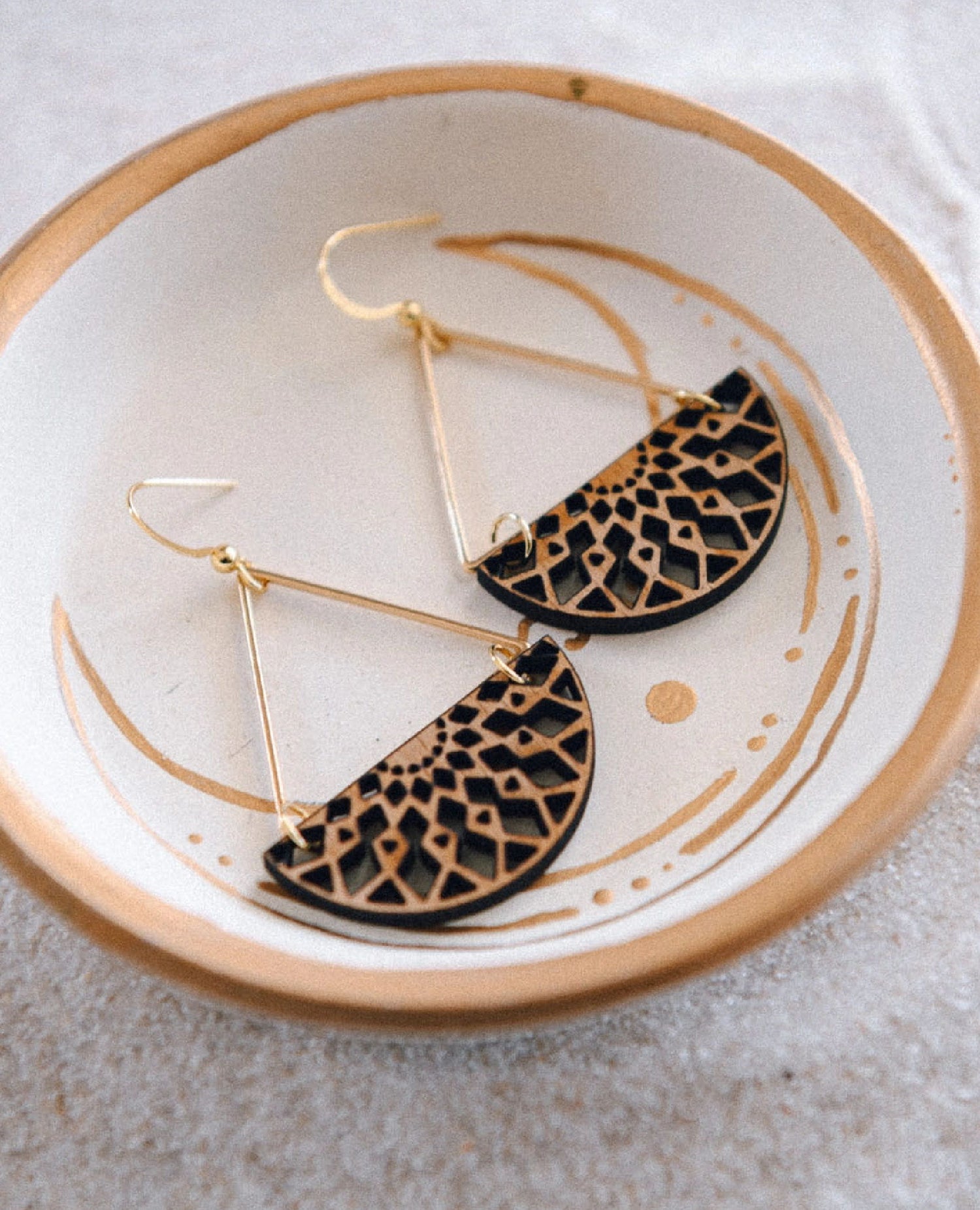 Mandala Triangle Half Moon Wood Earrings