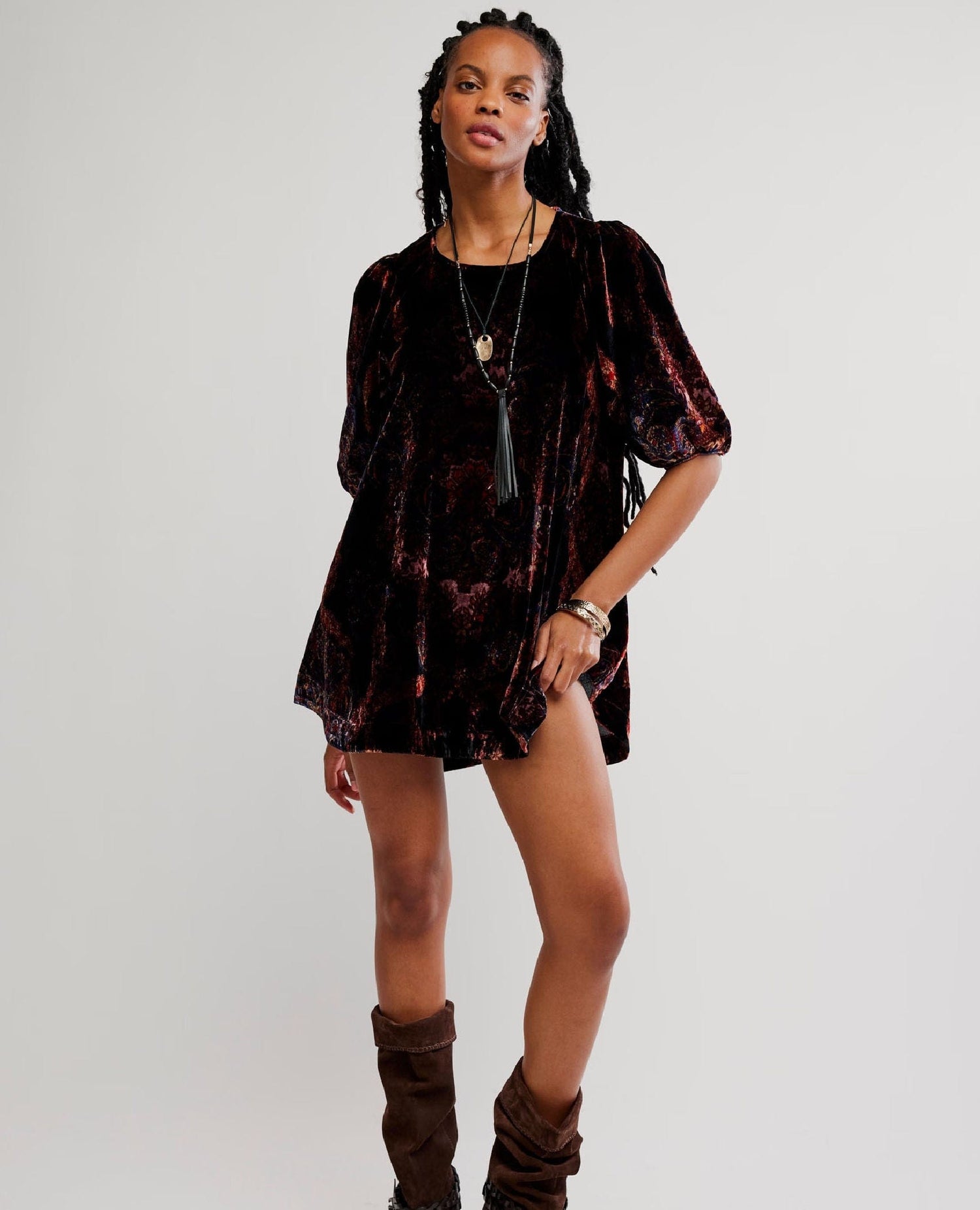 Maye Printed Velvet Tunic in Dark Black Combo