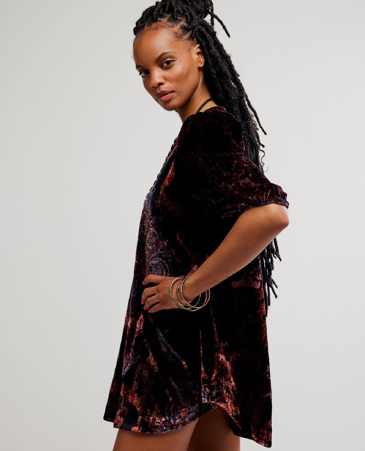 Maye Printed Velvet Tunic in Dark Black Combo