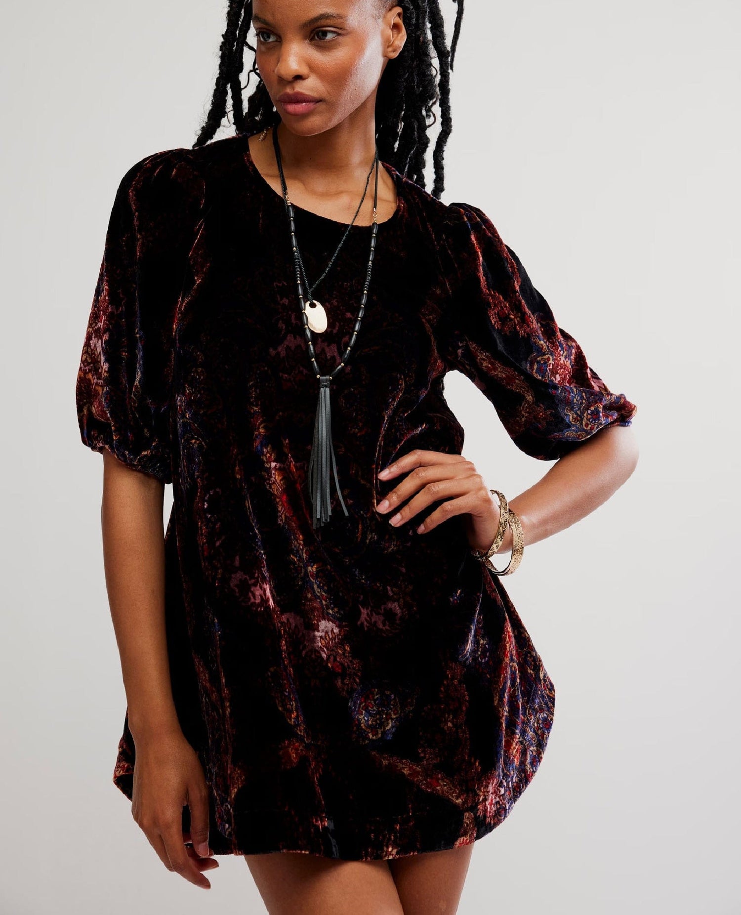 Maye Printed Velvet Tunic in Dark Black Combo