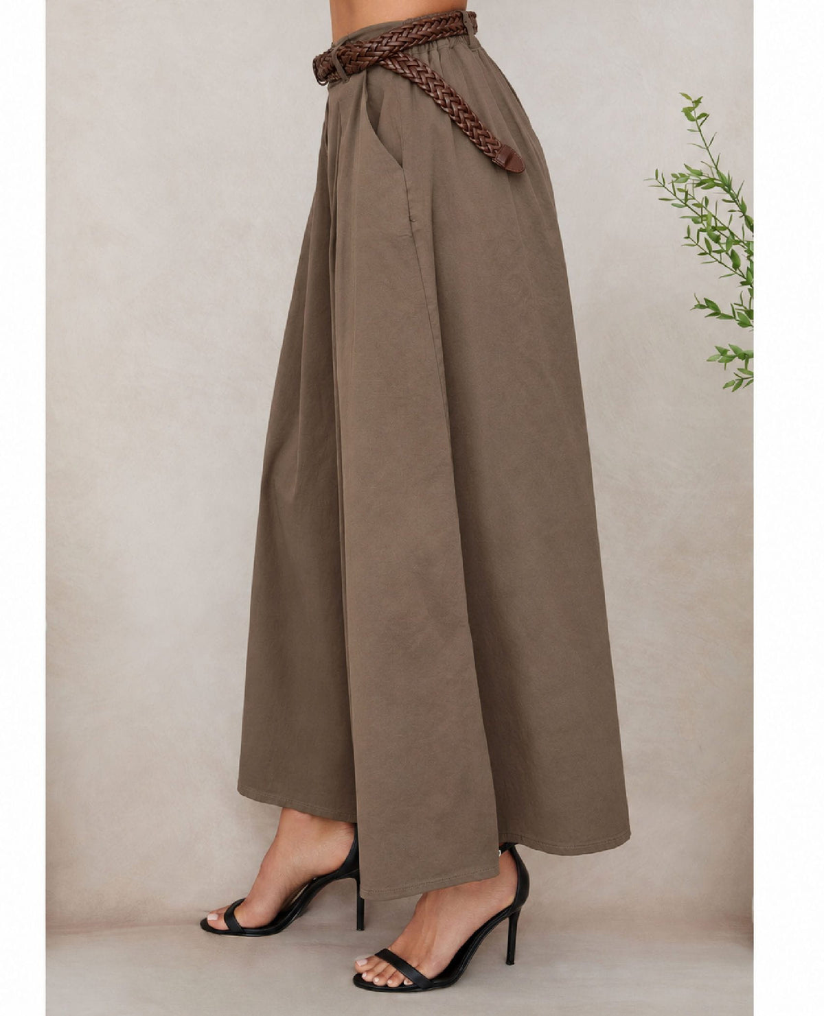 Belted Wide Leg Plazzo Pant Brown