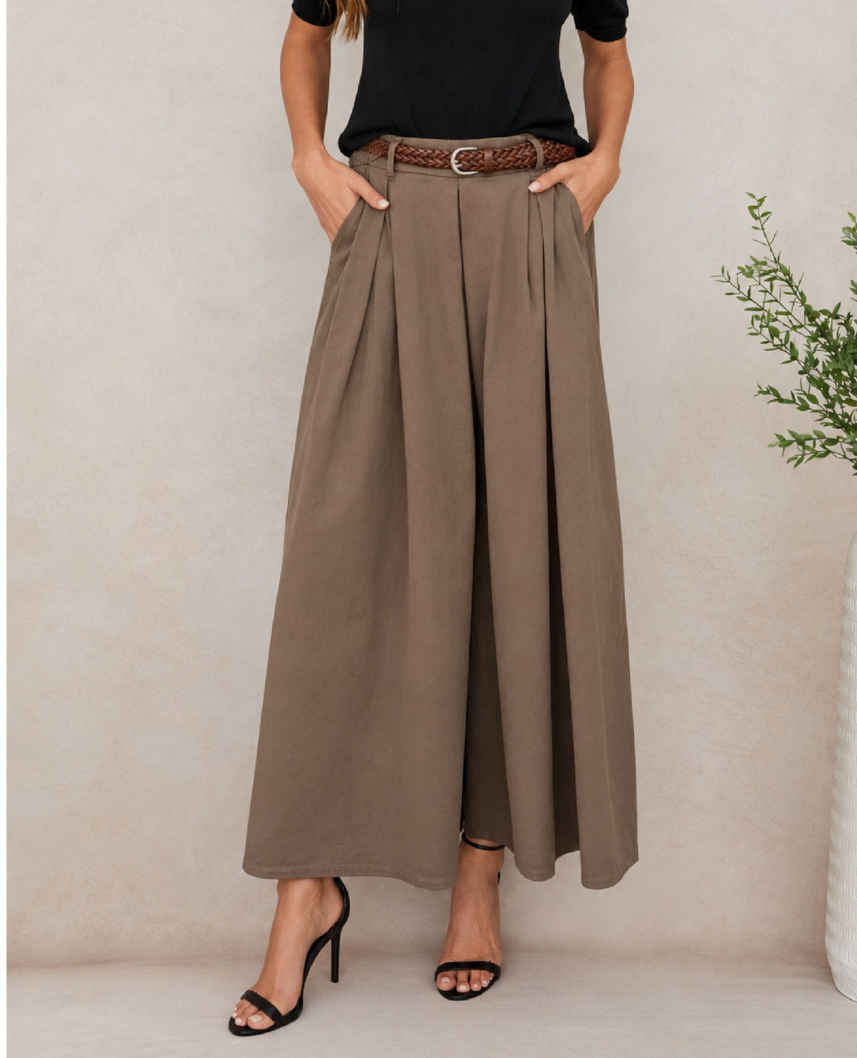 Belted Wide Leg Plazzo Pant Brown