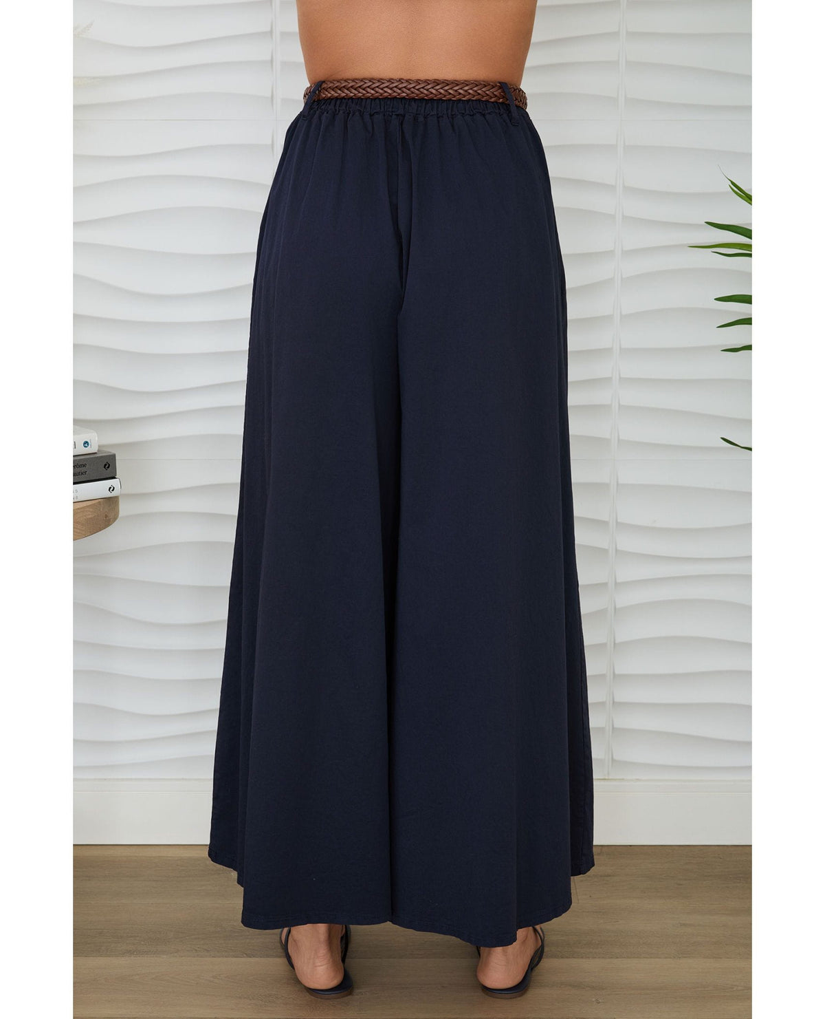 Belted Wide Leg Plazzo Pant Navy