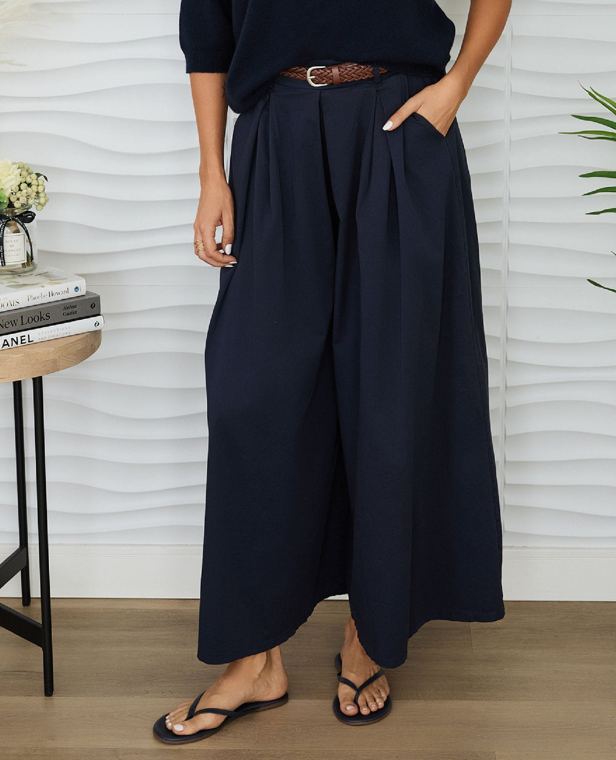 Belted Wide Leg Plazzo Pant Navy