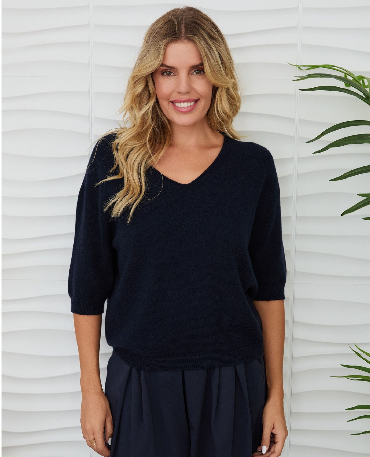 V-Neck Short Sleeve Navy Sweater
