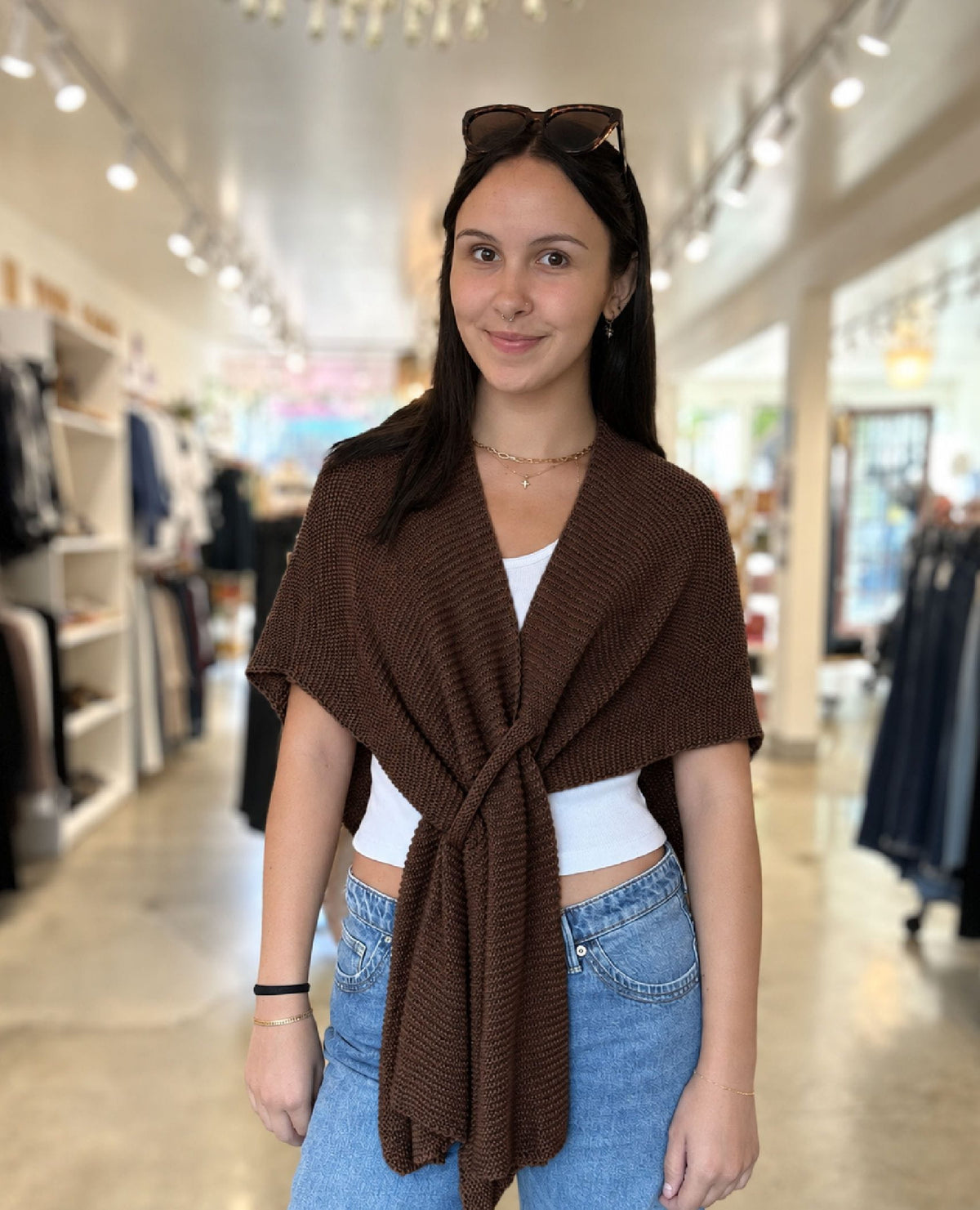 Knit Front Wrap Shawl Chocolate