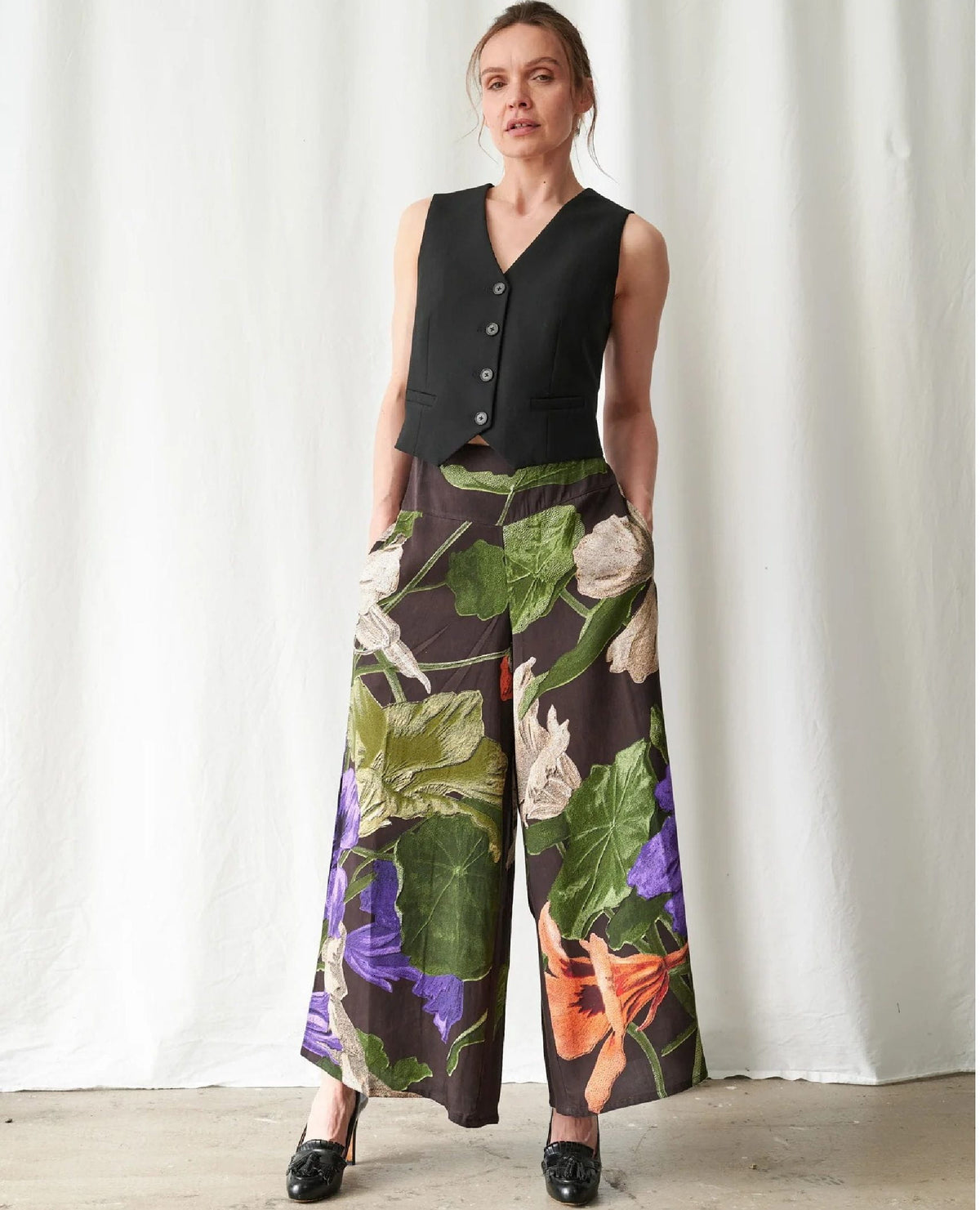 Black Floral Nasturtium Palazzo Pants
