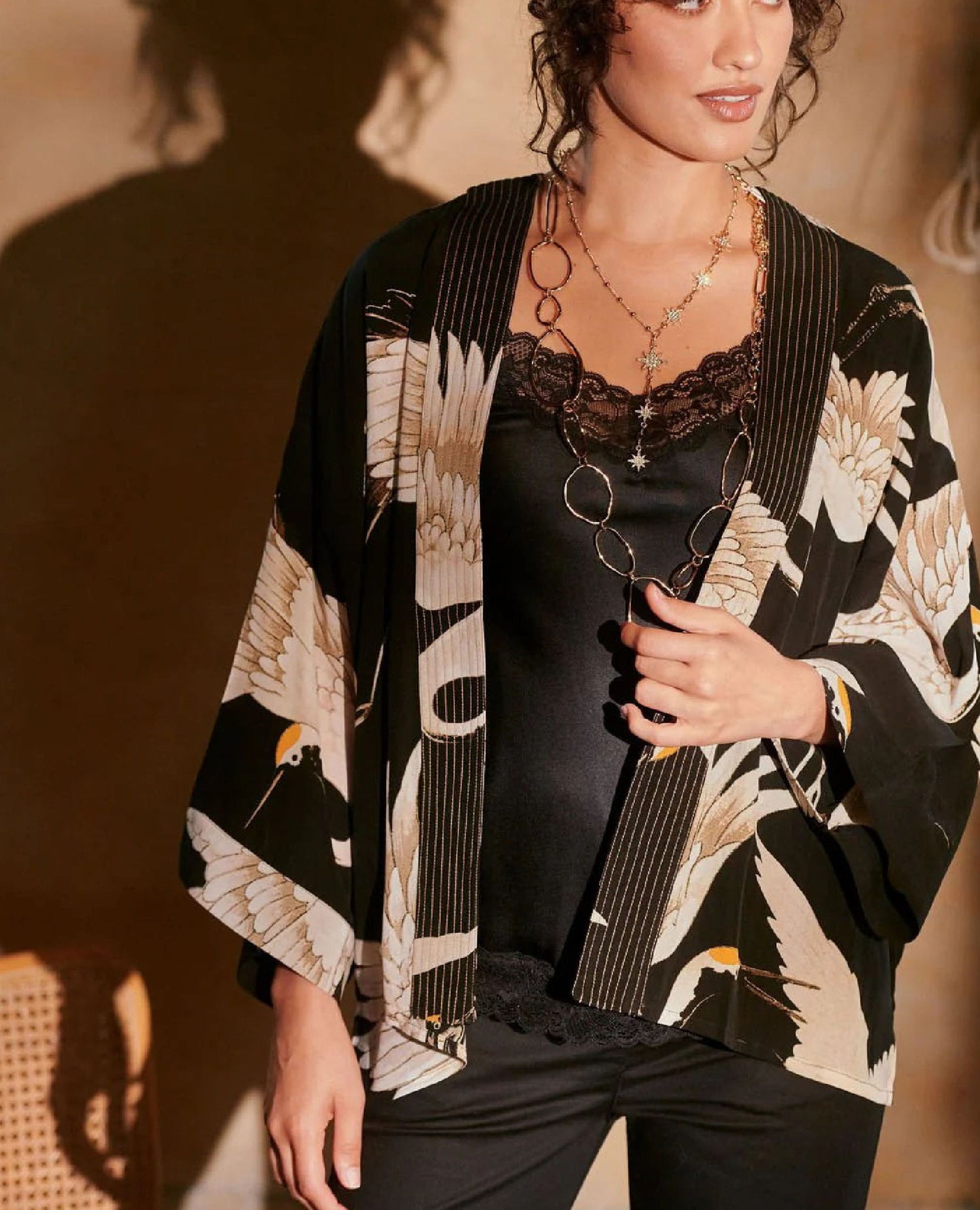Stork Black Crepe Kimono