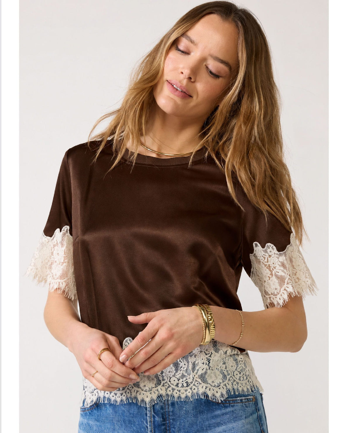 One Of A Kind Satin Lace Top Espresso