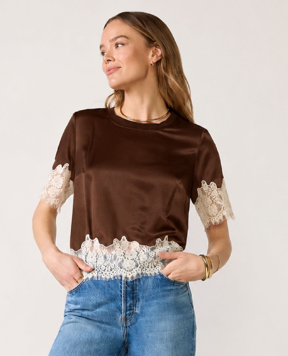 One Of A Kind Satin Lace Top Espresso