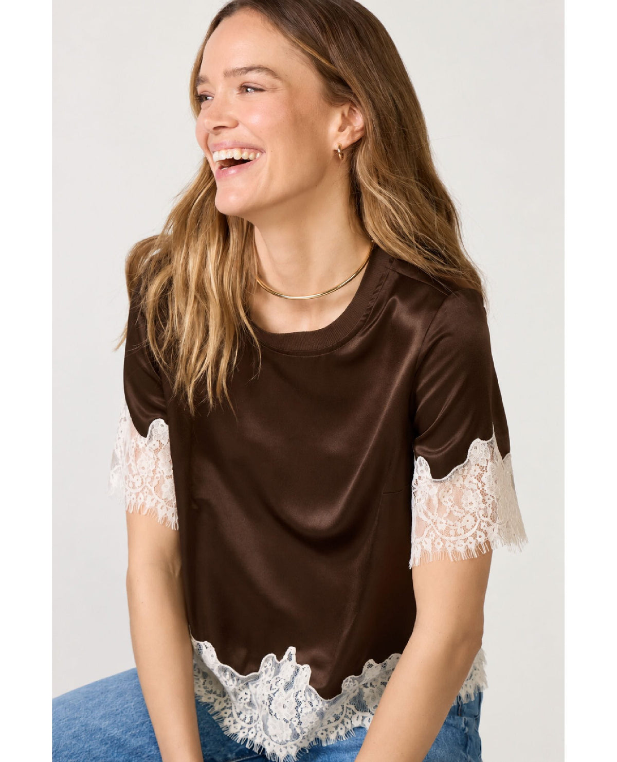 One Of A Kind Satin Lace Top Espresso