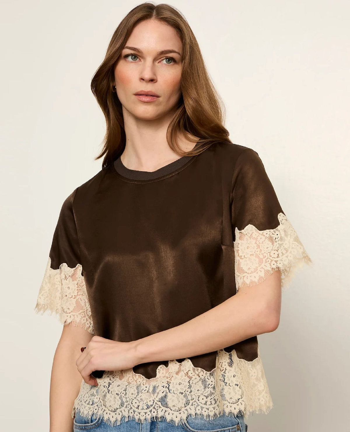 One Of A Kind Satin Lace Top Espresso