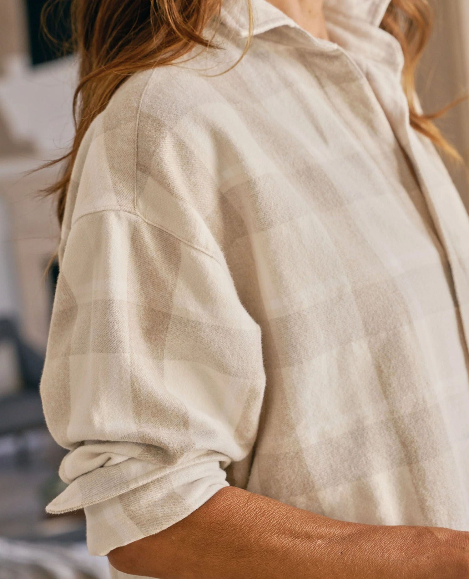 Shirley Oversized Button Down in Cream Camel Plaid