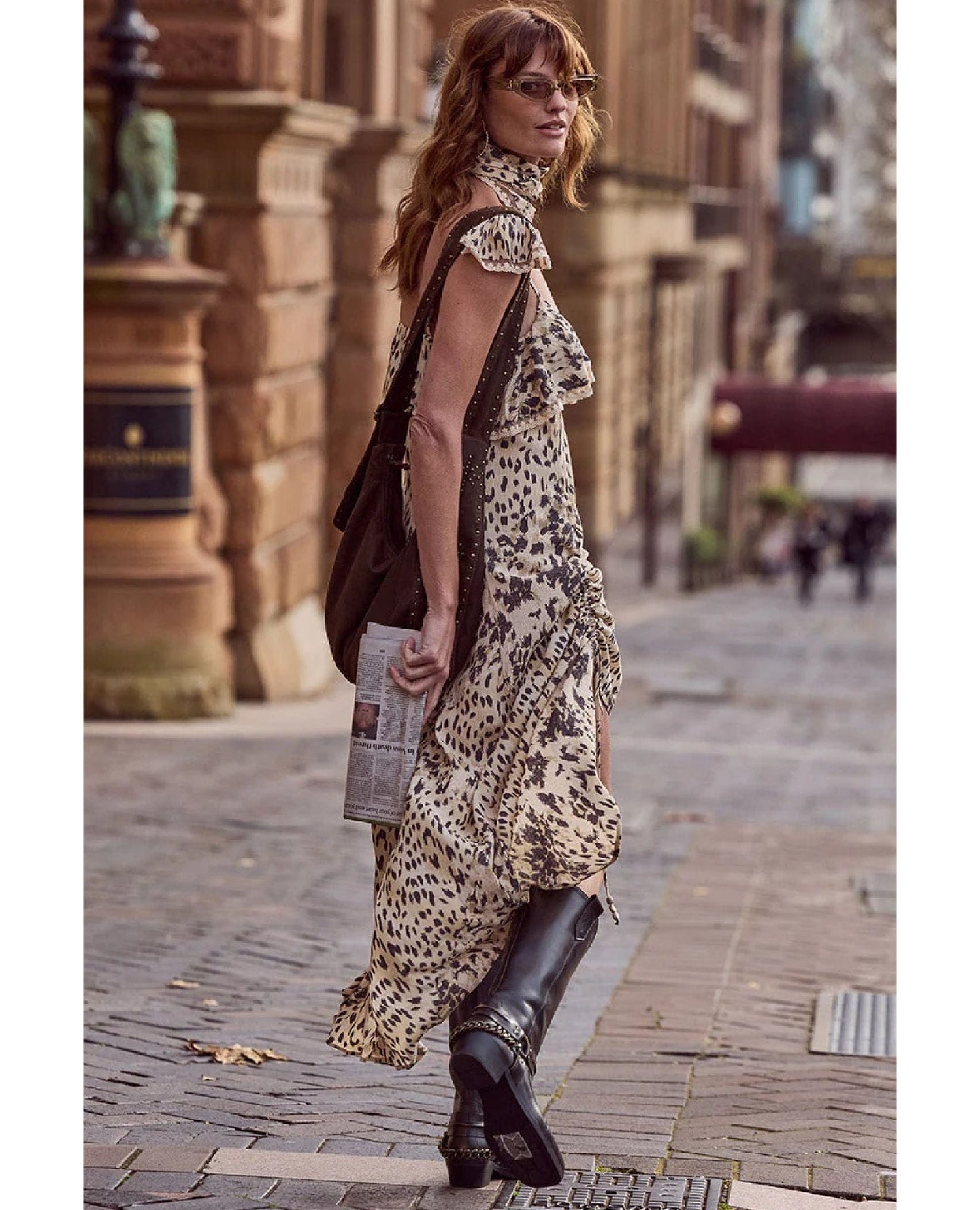 Snow Leopard Ruffle Midi Dress