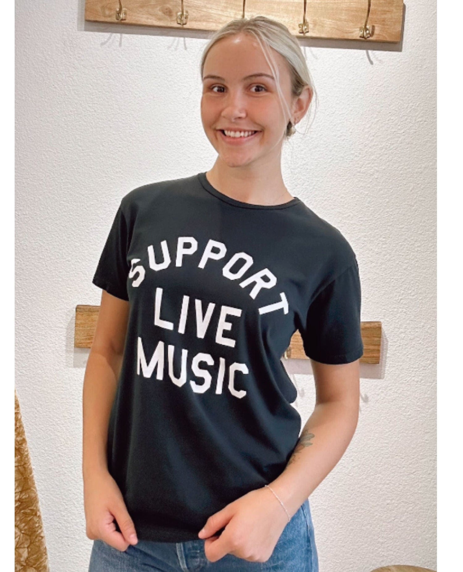Support Live Music Vintage Black Tee
