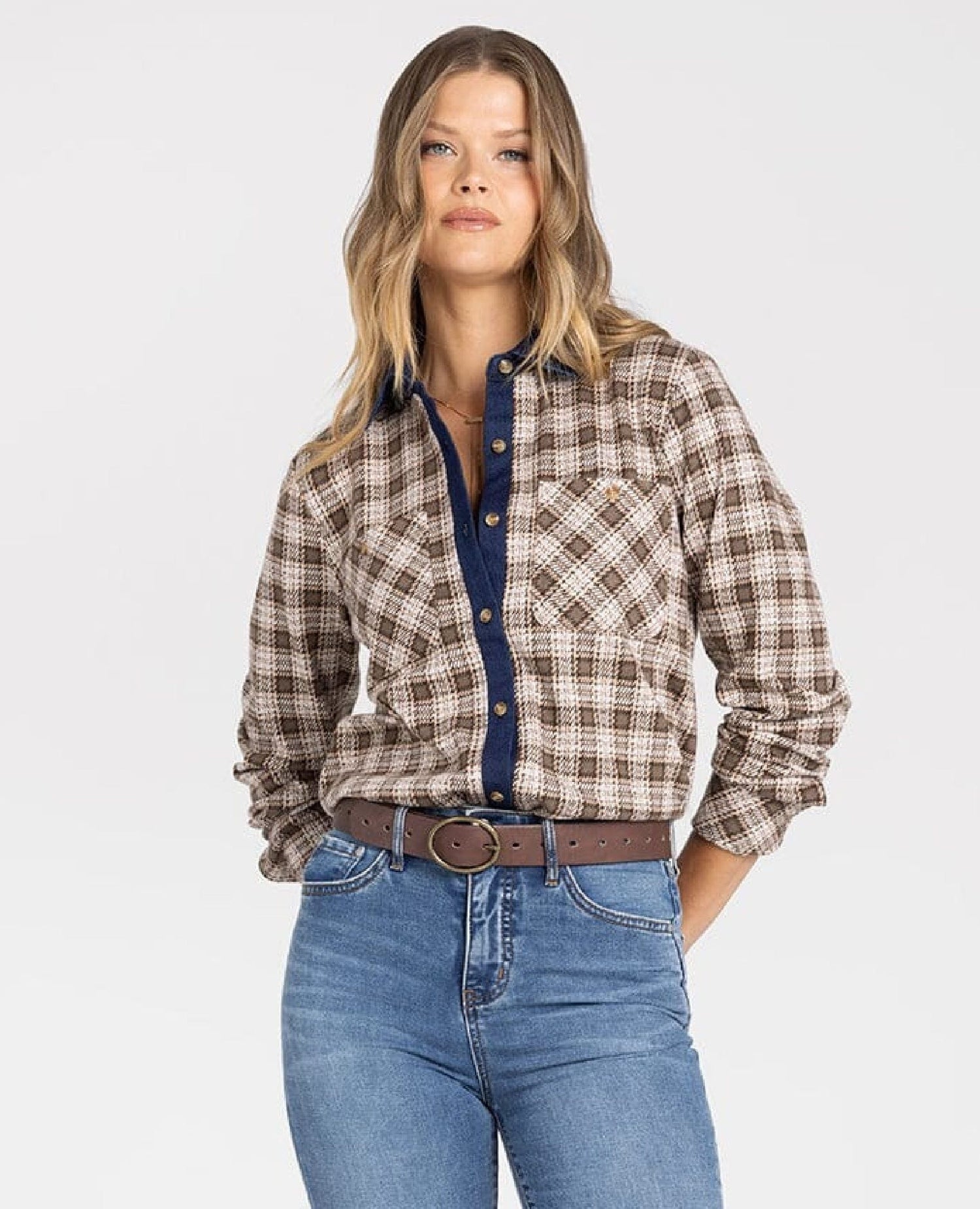 Western Rowe Plaid Top – Cream & Brown