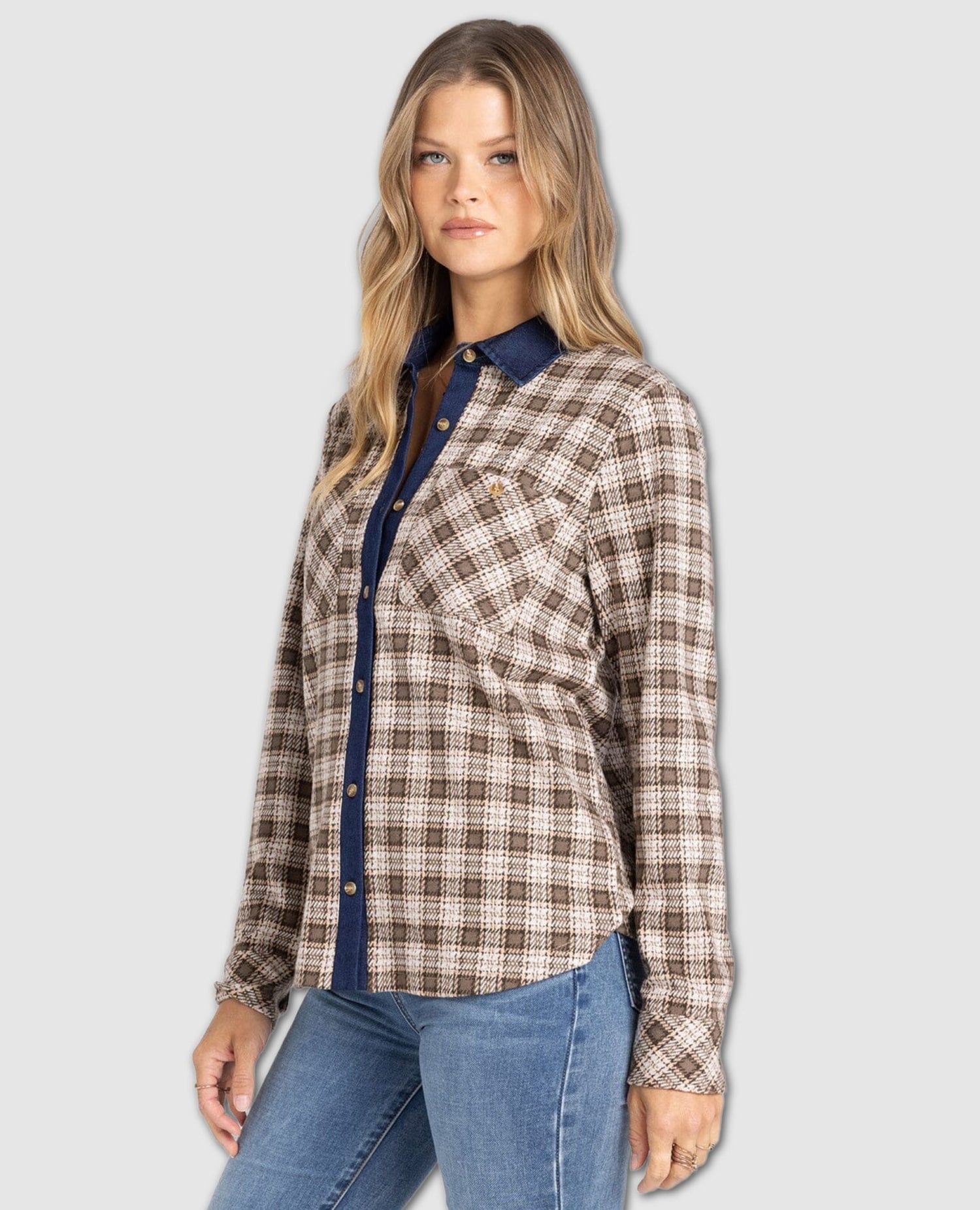 Western Rowe Plaid Top – Cream & Brown
