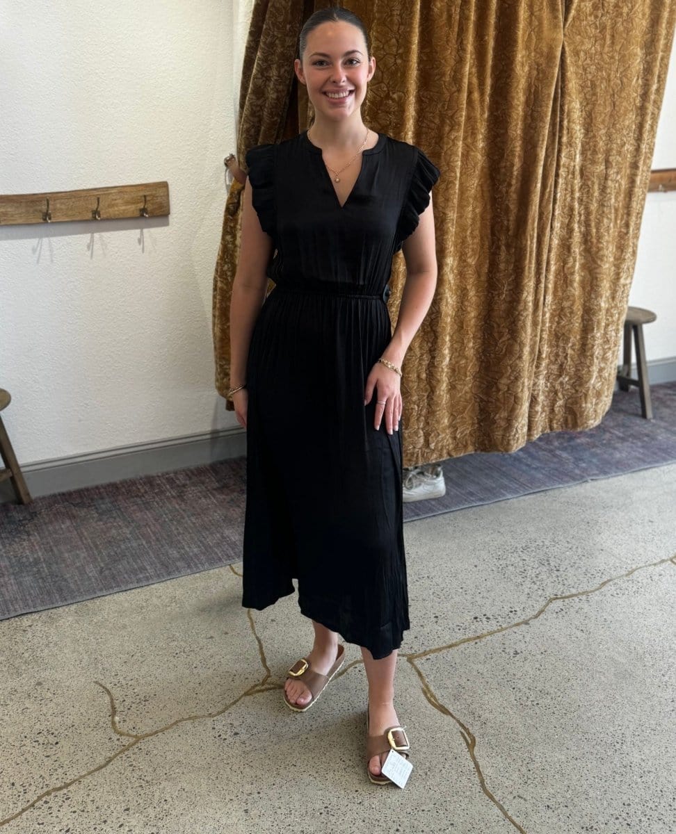 Allegra Ruffle Sleeve Satin Midi Dress Black - PINK ARROWS