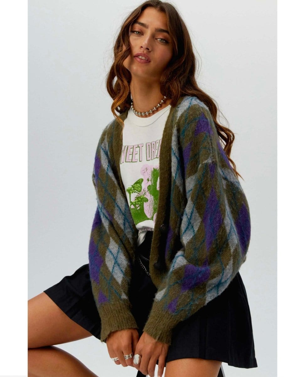 Argyle Oversized Cardigan Forest Mist - PINK ARROWS