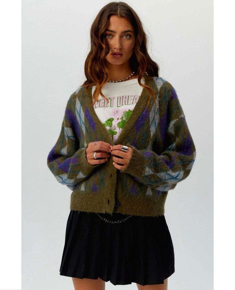 Argyle Oversized Cardigan Forest Mist - PINK ARROWS