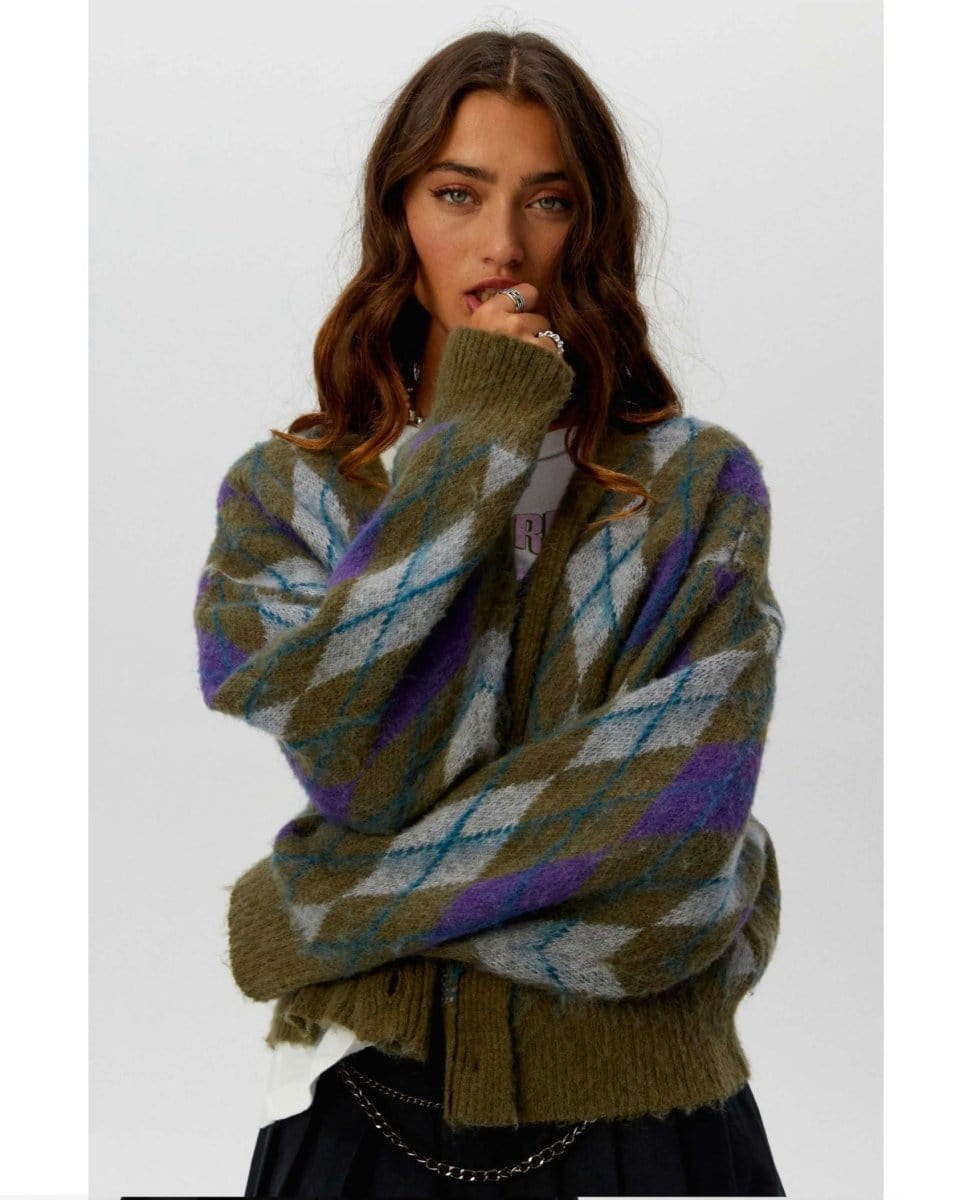 Argyle Oversized Cardigan Forest Mist - PINK ARROWS