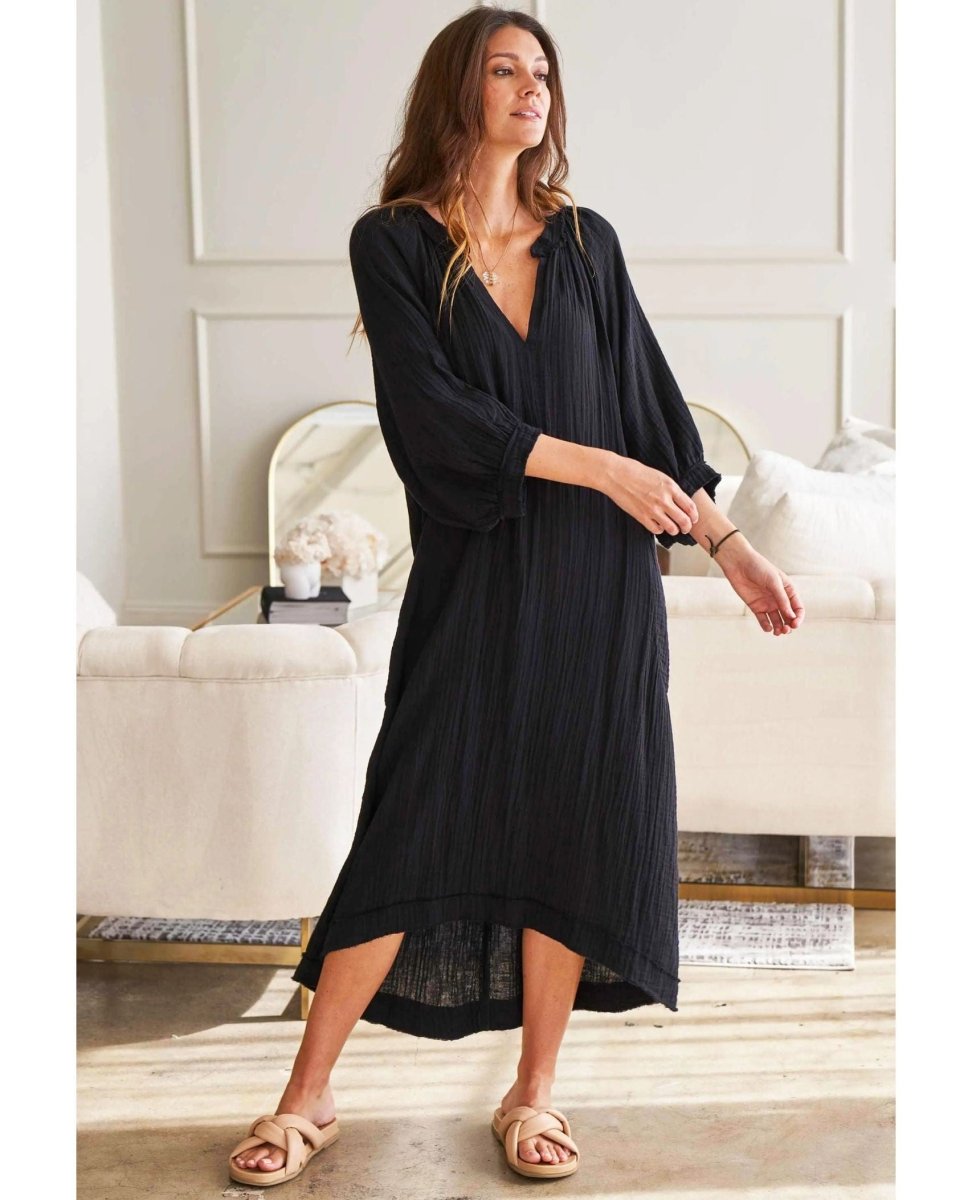 Black Gauze Dress with Pockets - PINK ARROWS