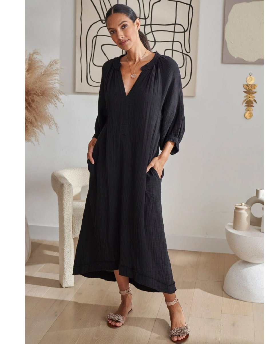 Black Gauze Dress with Pockets - PINK ARROWS