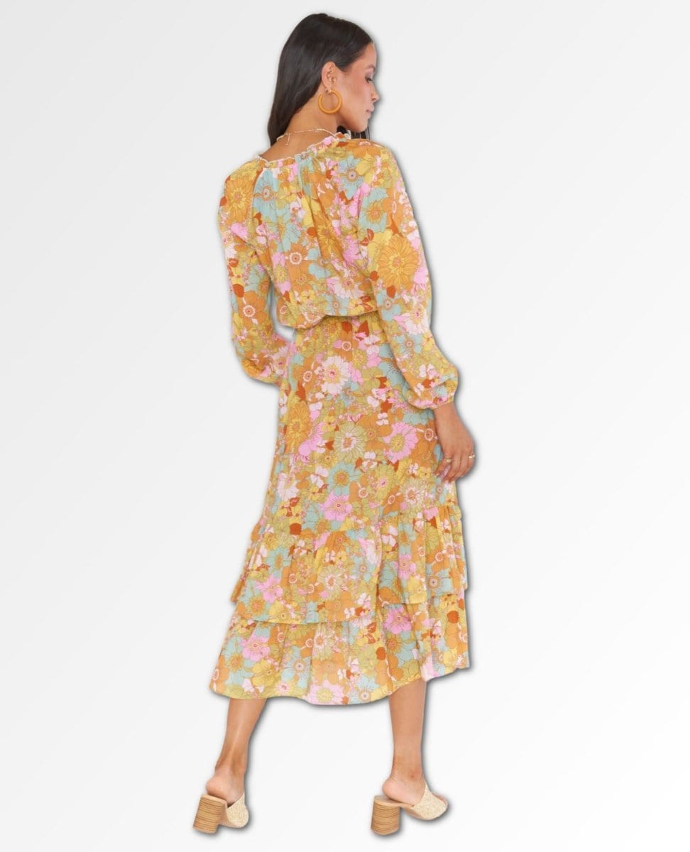 Cait Midi Dress Groovy Blooms - PINK ARROWS