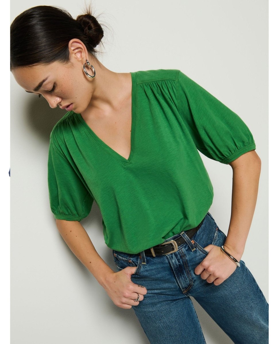 Edie Shirred Shoulder Top Green Lawn - PINK ARROWS