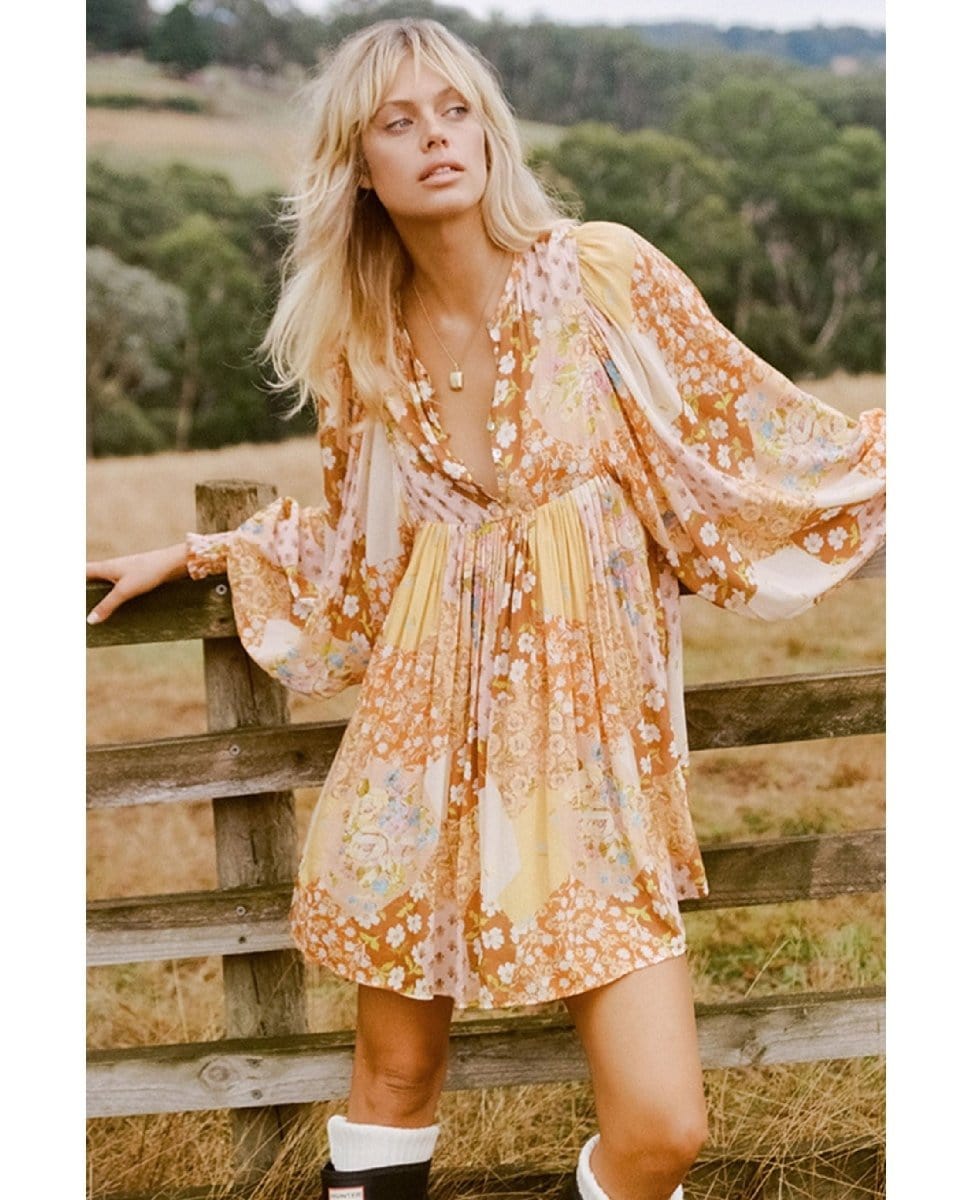 Freda Boho Mini Dress Amber - PINK ARROWS