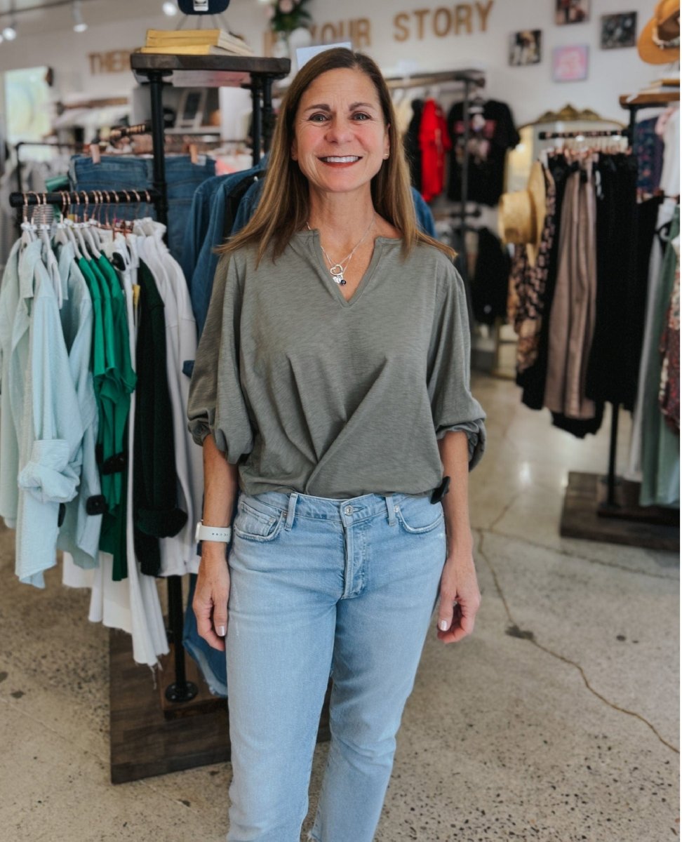 Gabi Puff Sleeve Top Olive - PINK ARROWS