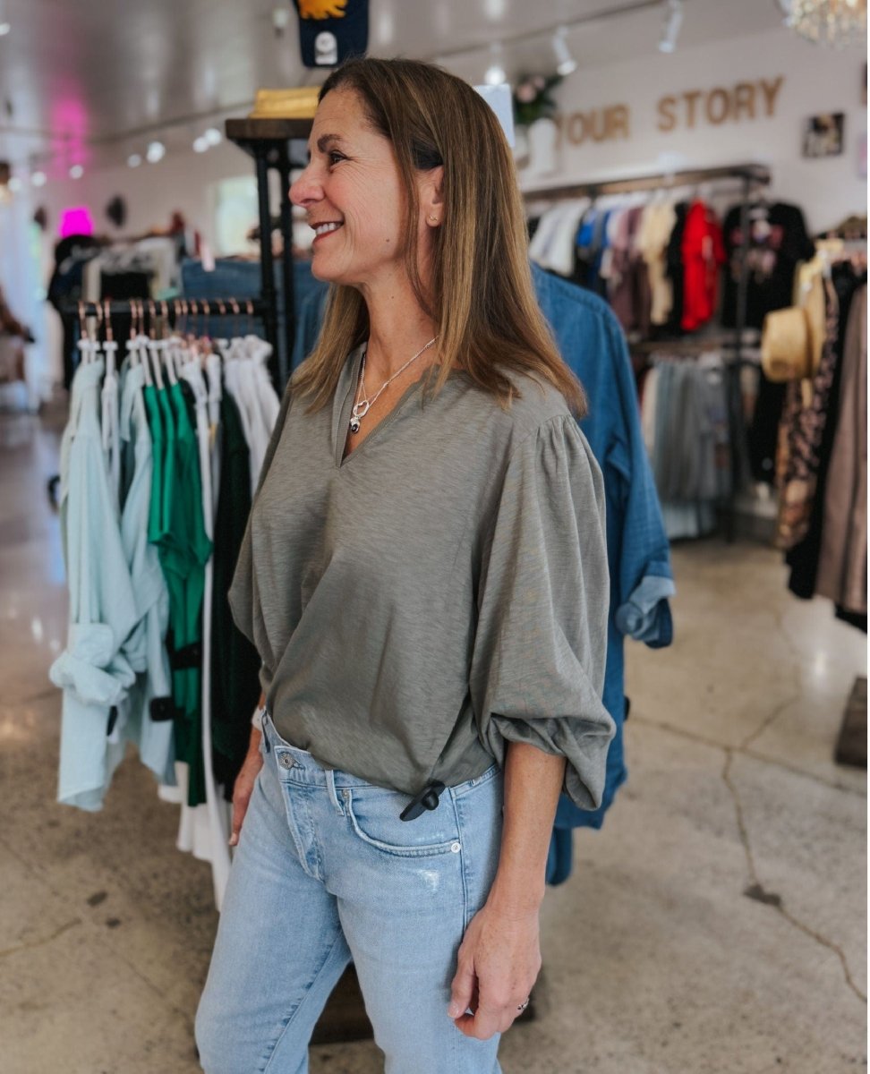 Gabi Puff Sleeve Top Olive - PINK ARROWS