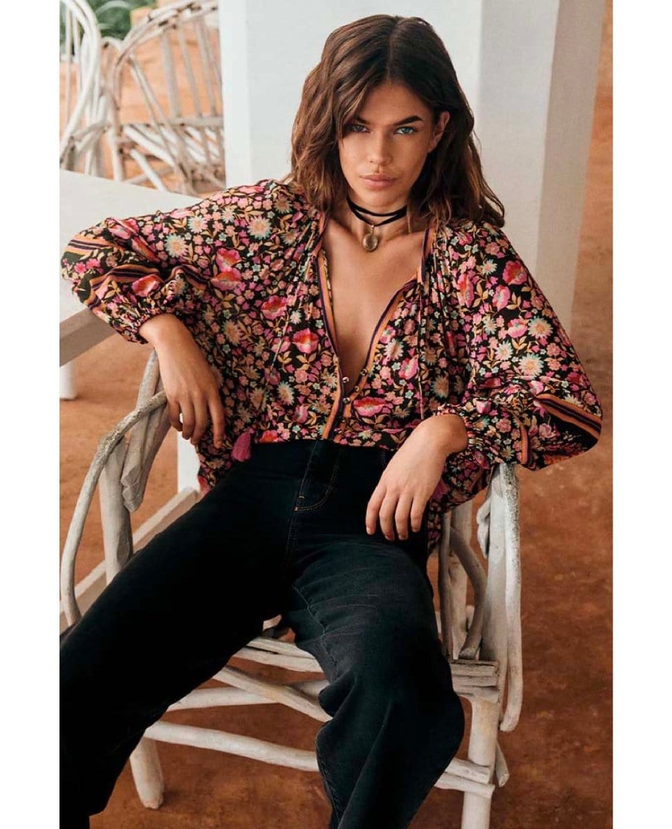 Impala Lily Tie Blouse - Night Blossom - miamidrugpossession