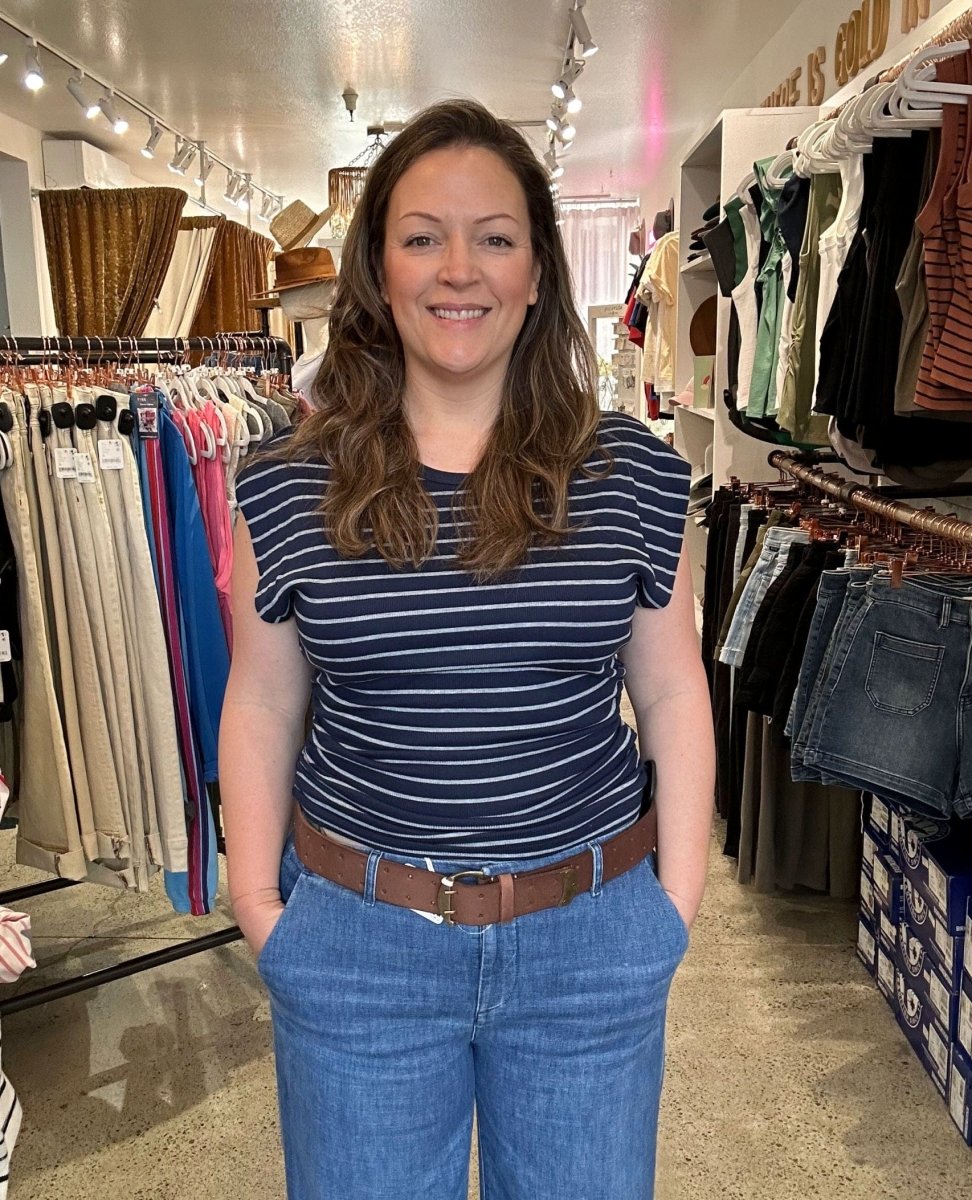 Joni Crew Neck Power Shoulder Top Nocturnal/Grey Stripe - PINK ARROWS