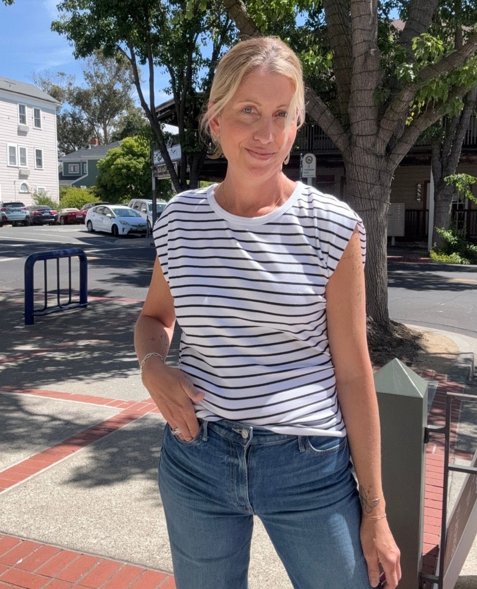 Joni Crew Neck Power Shoulder Top White/Black Stripes - PINK ARROWS