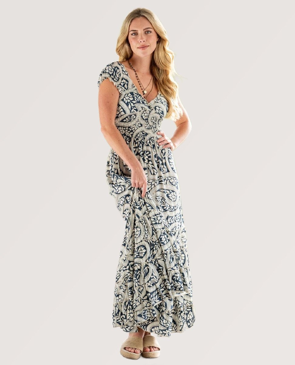 Maren Dress Navy Palm Print - PINK ARROWS