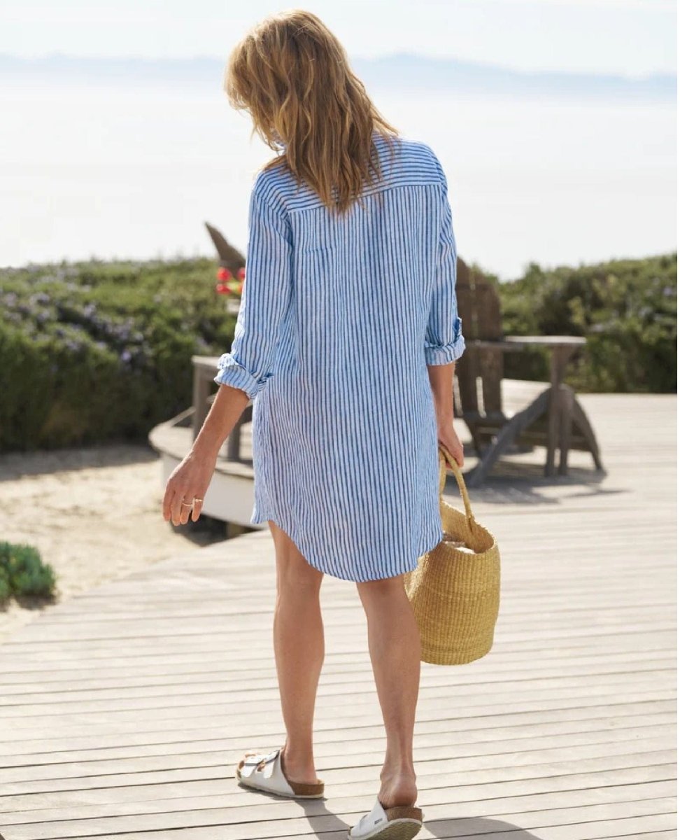 Mary Italian Linen Blue Stripe - PINK ARROWS