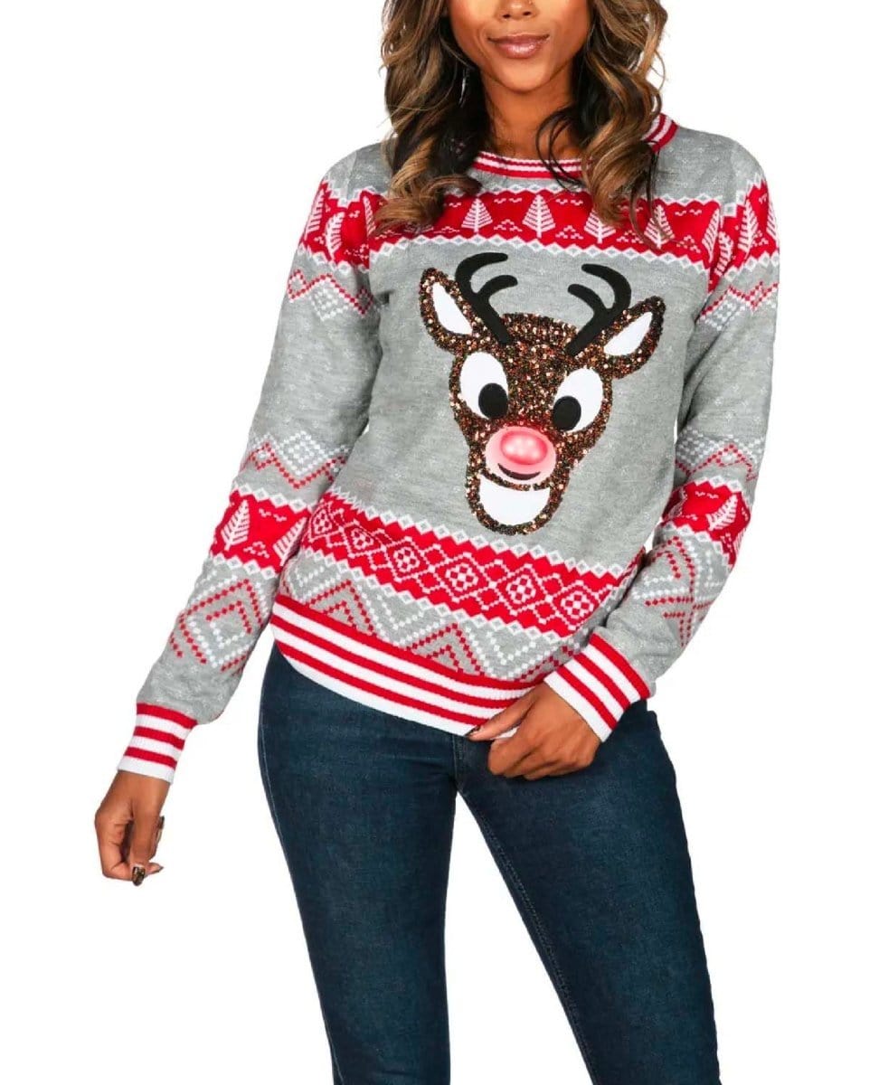 Restocked Rudolph Light Up Christmas Sweater Gray - PINK ARROWS