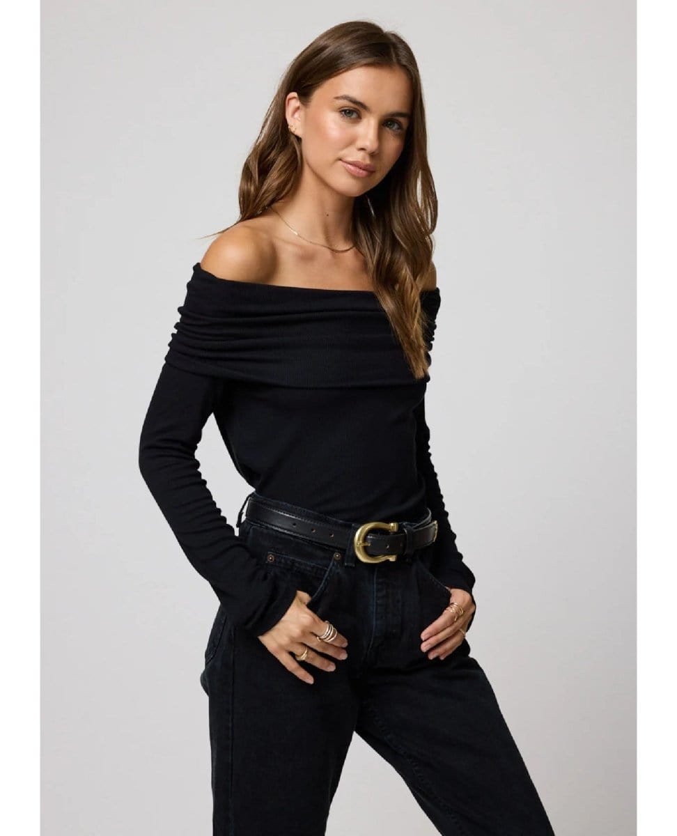 Rib Long Sleeve Paloma Top Black - PINK ARROWS