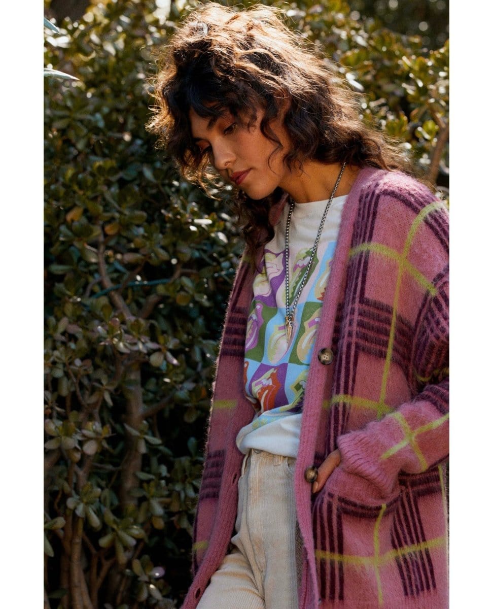 Rosebloom Plaid Oversized Cardigan - PINK ARROWS