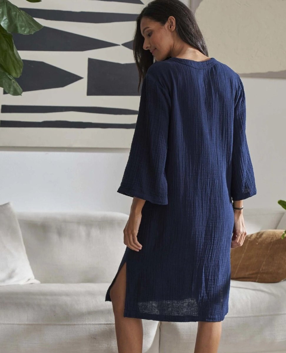 Short Gauze Tunic Pocket Dress Navy - PINK ARROWS