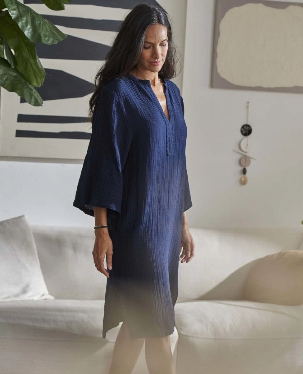 Short Gauze Tunic Pocket Dress Navy - PINK ARROWS