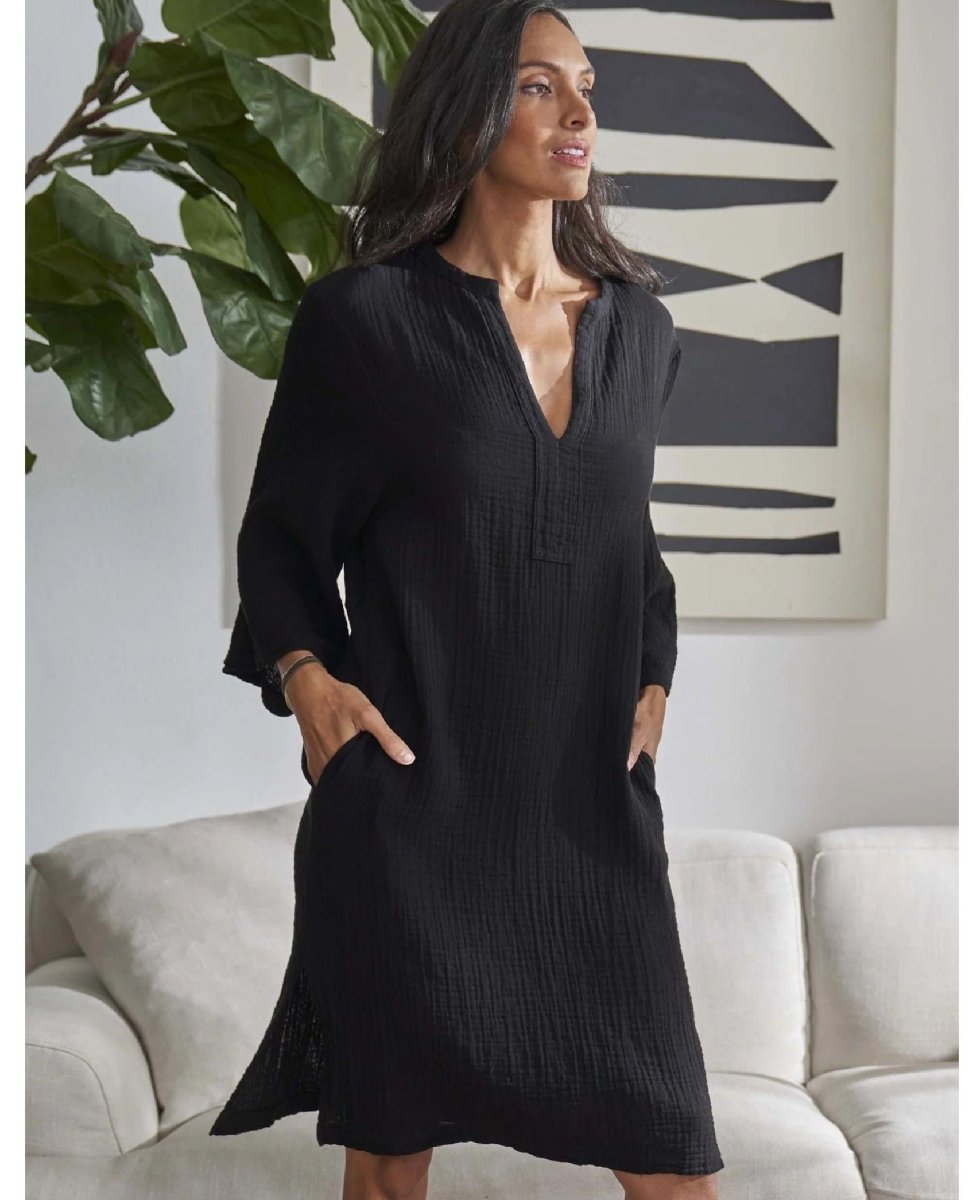 Short Tunic Pockets Black Dress - PINK ARROWS