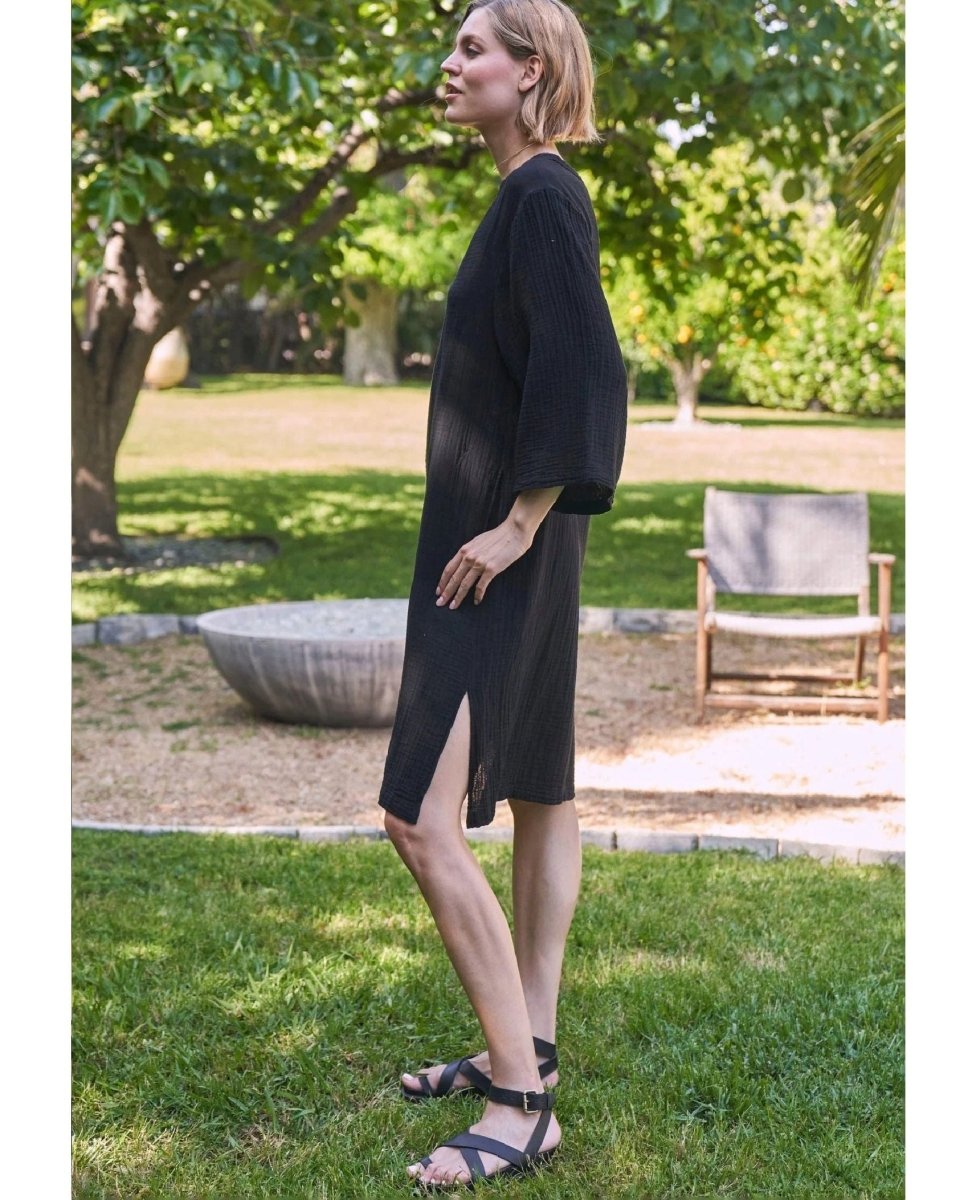 Short Tunic Pockets Black Dress - PINK ARROWS